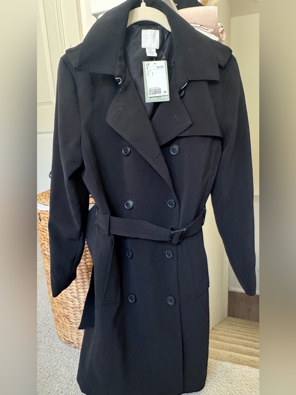 H&M Black Double-Breasted Trench with Belted Waist